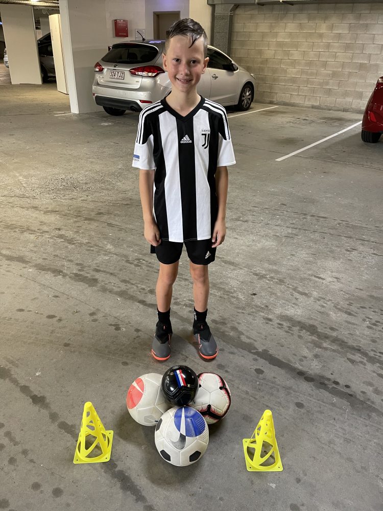 3 Futsal balls, 1 mini ball and 2 cones for a session in our basement car park. The rain will not st